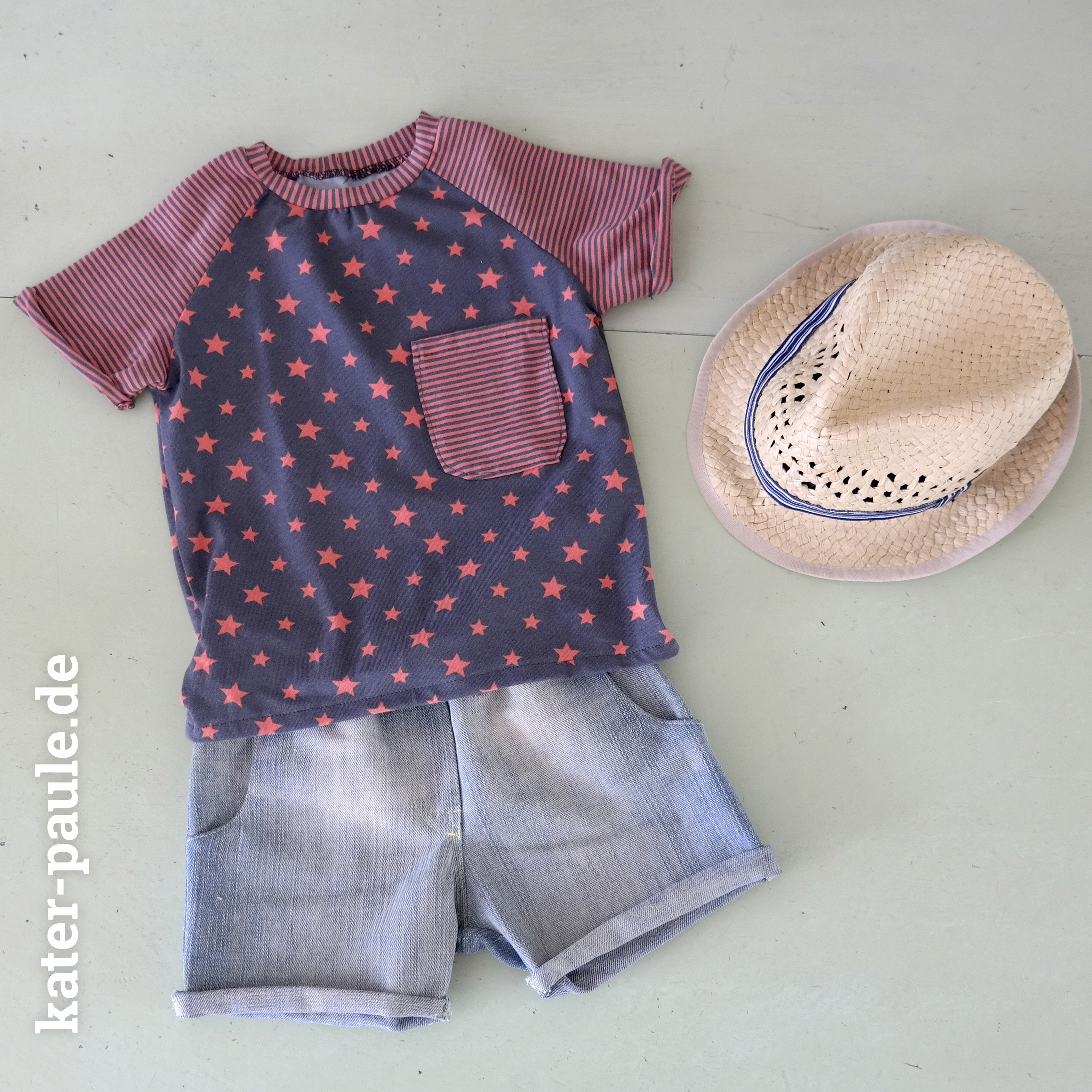 EmJo Summer Set / Shorts + T-Shirt / Sterne / Streifen / Jeans / Jersey / Kater Paule / Nähgedöns
